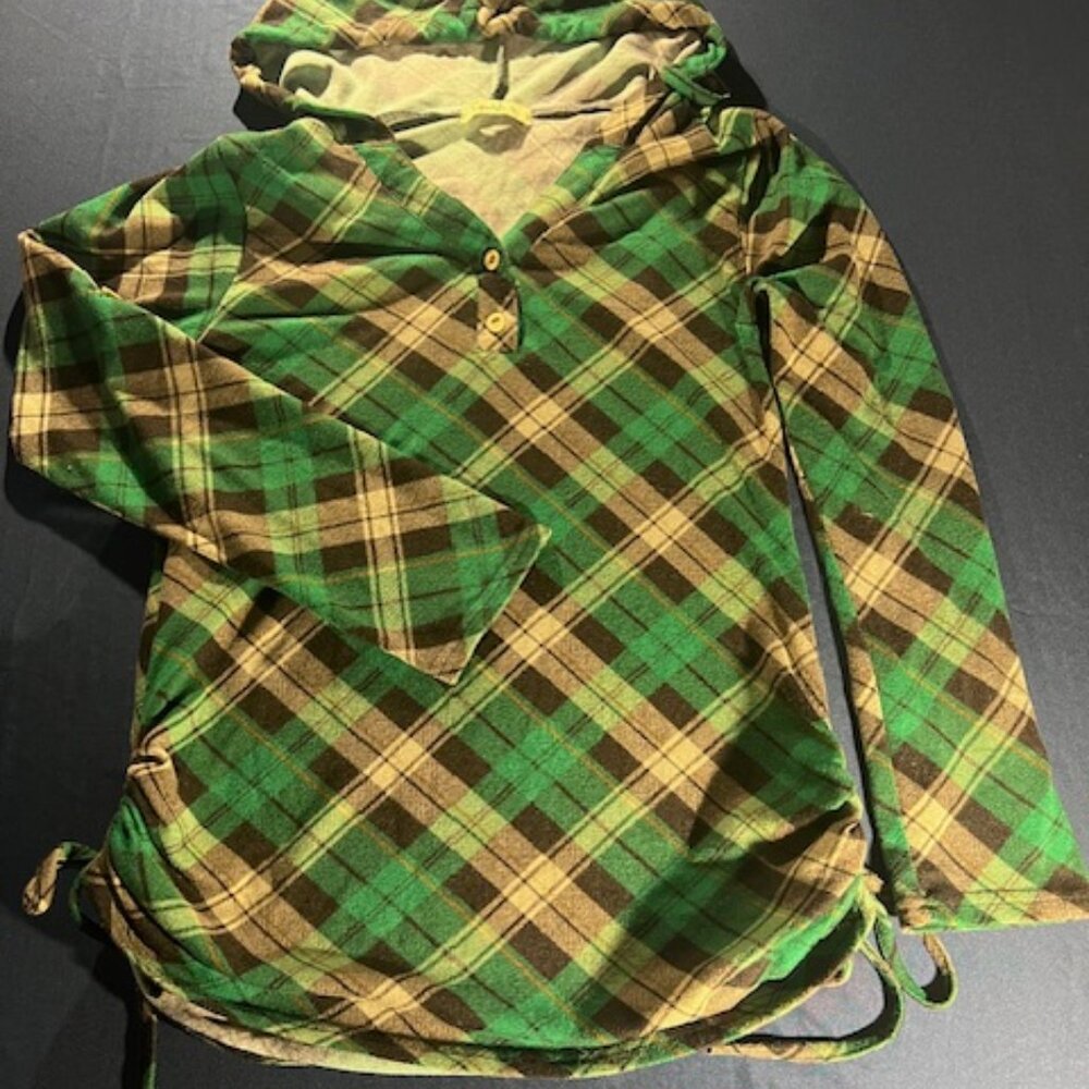 Cyanstyle green plaid hooded shirt "shacket" with ties‎ on side Women's Size XS